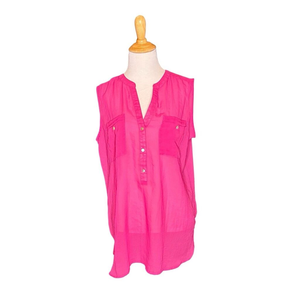 APT.9 V Neck Buttons Sheer Sleeveless Blouse Pink Top Shirt Womens Size Large